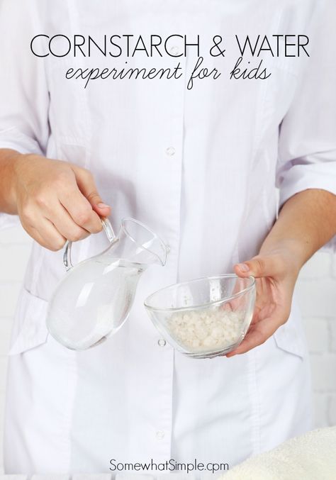 Cornstarch and Water Experiement, plus scientific applications for your family or classroom Cornstarch And Water Experiment, Water Experiments For Kids, Cornstarch And Water, Water Science Experiments, Water Experiments, Kids Party Crafts, Experiment For Kids, Kid Experiments, Easy Science Experiments