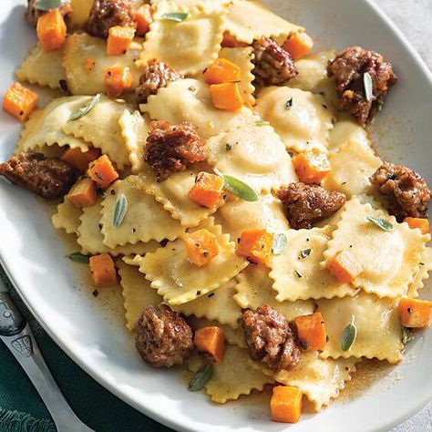 Delicious Ravioli with Sausage and Sweet Potatoes is a yummy, flavorful, and hearty dish for a satisfying supper the family will love. Sweet Potato Ravioli Recipe, Sweet Potato Ravioli, Sausage Sweet Potato Recipes, Sausage Ravioli, Cheese Ravioli Recipe, Italian Sausage Tortellini Soup, Seafood Lasagna Recipes, Seafood Lasagna, Sausage Tortellini Soup