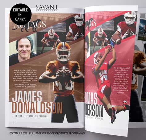 Receive 20% off your order when you purchase a minimum order of $24 - 3 or more standard price templates. Discount automatically applied at checkout. Sports Yearbook Ad and Poster Bundle - this bundle includes two Football Templates editable in Canva - a full page (8.5x11) Yearbook Ad + a 16x20 inch Poster.  What a great gift for your Graduating Senior, College or University Sports Athlete.  SPORTS, SPORTS, SPORTS - how excited would your athlete be to receive a gift personalized by you.   To Personalize your Football Yearbook Sports Ad Photo Collage and Sports poster, purchase this design, download and open the pd to access your Canva link, sign in and start editing.  Inserting your photo's is incredibly easy - upload your photo's - to resize a photo, click and drag using the corner of th Sports Photo Collage, Yearbook Sports Pages, Football Program Ad Ideas, Senior Sports Posters, Sports Yearbook, Police Font, Senior Yearbook Ads, Senior Ads, Yearbook Ad