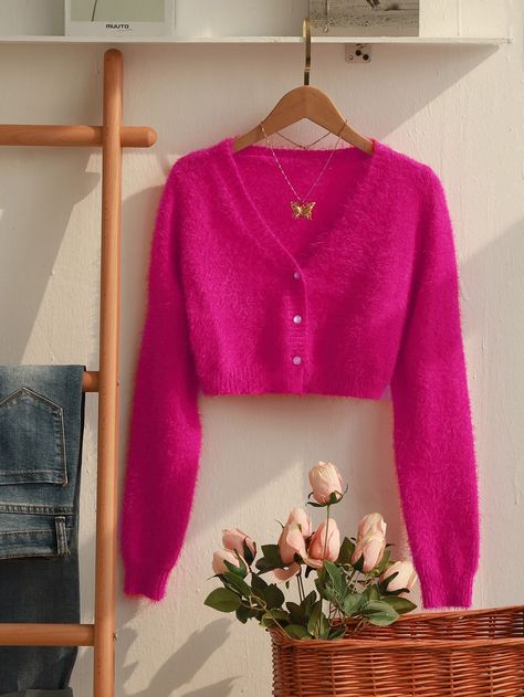 Button Front Fuzzy Knit Cardigan | SHEIN USA Pink Cardigan Outfit, Cardigan Outfit Aesthetic, Hot Pink Cardigan, Blue Halter Dress, Pink Cardigan Sweater, Fuzzy Cardigan, Cardigan Outfits, Pink Cardigan, Cropped Cardigan