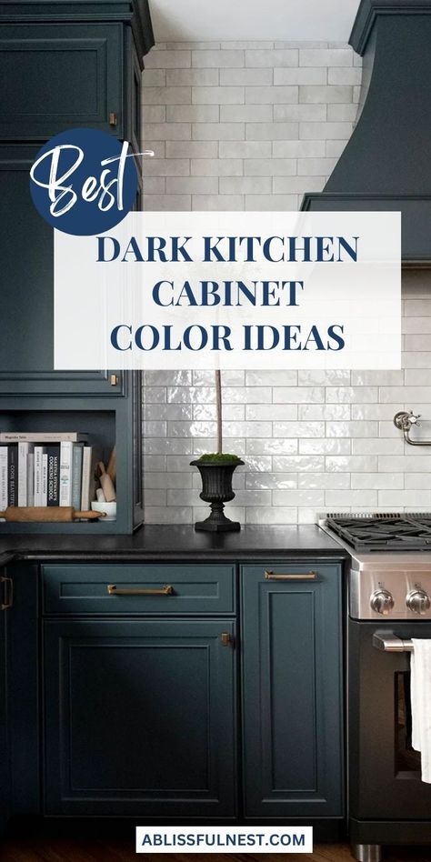 Elevate your kitchen with the allure of dark kitchen cabinet colors. These rich and moody hues create a captivating atmosphere that is both stylish and inviting. Whether you choose a deep navy, a charcoal gray, or a forest green, dark cabinets add a touch of luxury and drama to your culinary haven. #darkkitchencabinets #kitchenideas #kitchendesign Kitchen Paint Colors With Blue Cabinets, Dark Turquoise Cabinets, Blue Gray Kitchen Cabinets With Dark Counters, Kitchen Cabinet Colors Dark Countertops, Deep Teal Cabinets, Sea Serpent Sherwin Williams Cabinets, Dark Painted Kitchen Walls, Painted Cabinets With Black Countertops, Moody Cabinet Colors