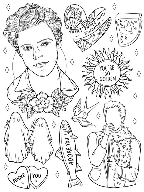 Harry Styles Tattoos Drawing, Harry Styles Colouring Pages, Coloring Pages Harry Styles, Harry Styles Colouring, Tattoo Style Coloring Pages, Harry Styles Coloring Pages Printable, Mini Coloring Pages, Harry Styles Coloring Page, Tattoo Coloring Pages