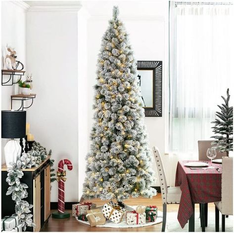 Brighten up the whole winter night with this artificial Christmas tree and add add Christmas cheer to your home. Artificial Christmas Tree Stand, Slim Artificial Christmas Trees, Slim Christmas Tree, Pencil Trees, Warm White Lights, Fir Christmas Tree, Flocked Christmas Trees, White Lights, Real Tree