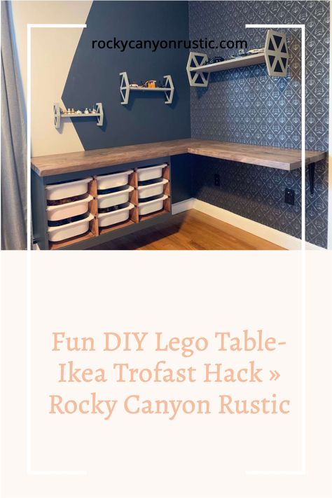 Ikea Lego Desk Hack, Kids Play Corner In Living Room Lego, Lego Building Area Ideas, Corner Lego Table, Lego Storage Bedroom, Lego Table And Storage, Lego Building Station Ideas, Lego Storage And Display Ideas, Lego Building Table Ideas