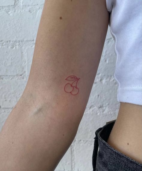 Cherry Tattoo Red Ink, Cherrie Tattoos, Small Cherries Tattoo, Cherry Red Tattoo, Cherry Tattoo Aesthetic, Small Edgy Tattoo Ideas, Cherry Finger Tattoo, Stamp Tattoo Cherry, Cherries Tattoos