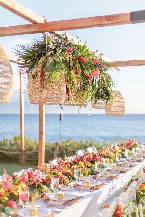 Bright Tropical Wedding, Crazy Rich Asians Wedding, Hawaii Wedding Ideas, Hawaiian Wedding Themes, Hawaiian Wedding Flowers, Westin Maui, White Orchid Wedding, Tropical Wedding Reception, Wedding Reception Layout