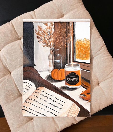 Fall Vibe Painting, Autumn Mini Canvas Painting, Cozy Acrylic Painting, Fall Athstetic, Book Canvas Painting, Fall Paintings Aesthetic, Autumn Canvas Painting, Book Painting Ideas On Canvas, Cute Fall Paintings