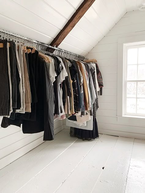 Open Closet Slanted Ceiling, Attic Clothes Storage, Attic Turned Into Closet, Slanted Roof Closet Ideas, Diy Attic Closet, A Frame Closet Ideas, Loft Closet Ideas Slanted Walls, Diy Closet Rod Hanging Clothes, A Frame Closet Ideas Slanted Ceiling