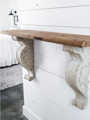 Find ideas๏ฟฝand inspiration for Floating Wall Mount Molding Ledge Handmade Antique Wood Corbel Reclaimed Shelf, Home Furniture Extra Large Shelf Brackets, Entry Table With Corbels, Desk With Corbels, Pretty Shelf Bracket, White Distressed Floating Shelves, Chippy White Shelf, Shelves With Corbels Bathroom, Decrative Shelf Brackets, Corbel Lamp Sconces