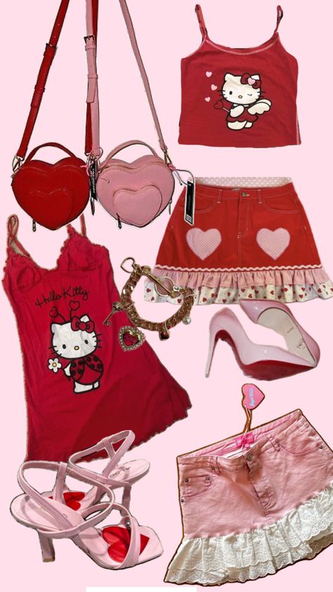 ladybug hello kitty minidress, pink hello kitty tanktop 💕 super cute n frilly miniskirts 🎀 heart shaped crossbody bags 👛 Sanrio Inspired Outfit, Mcbling Outfits, Girly 2000s, 2000s Outfits, Y2k Mcbling, Vs Pink, Juicy Couture, Stylish Outfits, Valentine's Day