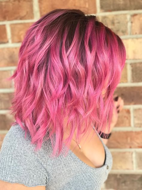 Pink hair Pastel pink Balayage Highlighted Pink Hair, Pink Summer Hair, Pink Medium Length Hair, Pink Medium Hair, Pink Shoulder Length Hair, Ombré Pink Hair, Medium Length Pink Hair, Pink Balayage Brunette Short, Pink Hair With Root Smudge