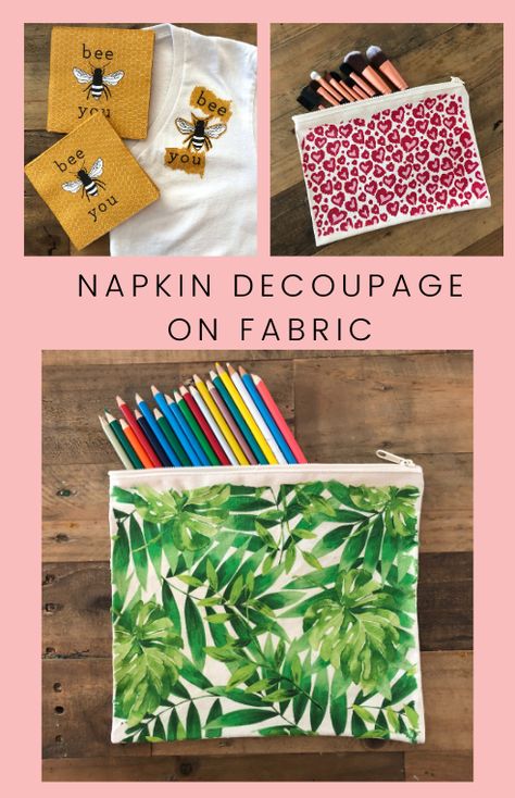 Learn to transfer napkins to fabric with Mod Podge! Handmade Happy Hour with @cathiefilian and Steve are decoupaging tee shirts and canvas storage bags with trendy napkins…. and they are machine washable! Don’t miss the fashion crafting fun, watch this video on YouTube and learn how to do it yourself! Decoupage On Canvas Diy, Fabric Mod Podge Ideas, Modge Podge On Fabric, Decoupage Napkins On Canvas, Mod Podge Fabric Crafts, Thjoko Ideas, Decoupage Fabric Ideas, Napkin Mod Podge Ideas, Diy Canvas Bag Decorating