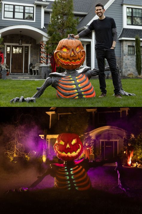 This massive skeletal pumpkin monster looks as if it's climbing up out of the front lawn (or pumpkin patch) and eerily glows in the dark under a black light. 🎃 Scary Pumpkin Outdoor Decorations, Scary Pumpkin Yard Decor, Pumpkin Graveyard Decor, Large Scale Halloween Decorations, Scary Pumpkin Patch Decorations, Halloween Pumpkin Patch Yard, Haunted Pumpkin Patch Ideas, Haunted Pumpkin Patch Yard, Diy Giant Pumpkin