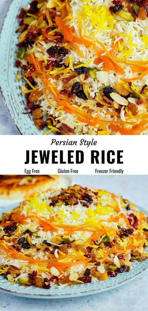 Jeweled Persian Rice Pilaf, Persian Rice Recipes, Persian Rice Dishes, Moroccan Rice Pilaf, Jeweled Rice Recipe, Jeweled Rice Persian, Persian Rice Recipe Iranian Food, Byriani Rice Recipe, Refika’s Kitchen