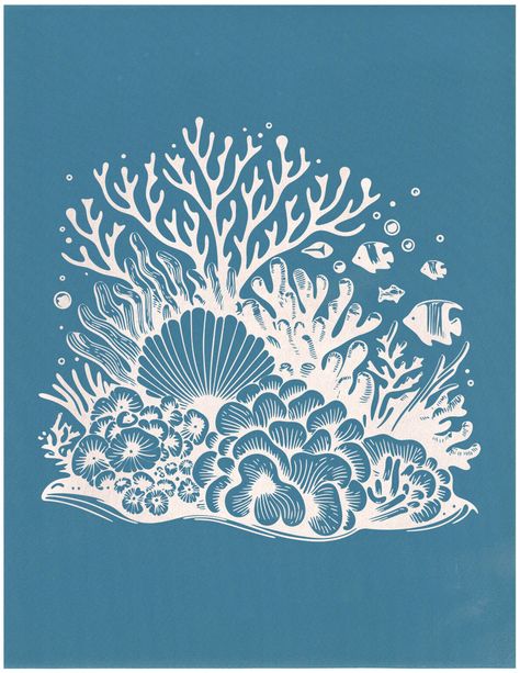 Coral Reef This Ready-To-Use stencil comes as an 8.5"x11" stencil, or as a digital download. This design showcases a vibrant coral reef scene teeming with life. It features various forms of coral, anemones, and small fish swimming amidst the underwater flora. The intricate detailing and the sense of underwater movement make it a dynamic piece. Printing this design on apparel or household items like shirts, wooden plaques, glassware, or ceramics could bring a piece of the ocean's mystery into eve Coral Reef Silhouette, Coral Reef Graphic Design, Round Design Art, Corals Illustration, Coral Outline, Ocean Stencil, Coral Reef Illustration, Screen Printing At Home, Coral Illustration