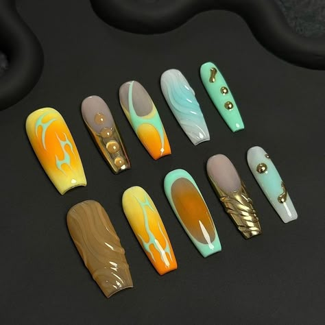 💅💅Which nails would you choose? #pressonnails #nails #nailsofinstagram #nailsnailsnails #nailart #y2k #y2knailart #y2knails #fyp #gafanail #summernails Autumn Acrylic Nail Designs, Air Brush Nail Set, Air Brush Nails Art, Air Brush Nails, Neo Y2k, Which Nails, Handmade Nails, Abstract Nail Art, Y2k Nails