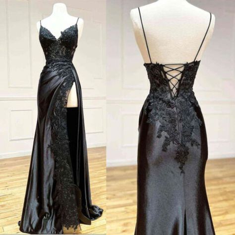 ad eBay - Find many great new & used options and get the best deals for Black Wedding Dresses Spaghetti Straps Sexy Side Split Mermaid Bridal Gowns at the best online prices at eBay! Free shipping for many products! Gothic Bridesmaids Dresses, Gothic Wedding Dress Aesthetic, Black Slim Wedding Dress, Elegant Modern Dress, Emerald Green And Black Dress, Black Wedding Dress Bodycon, Black Wedding Dress Silk, Black Lace Mermaid Dress, Homecoming Long Dress