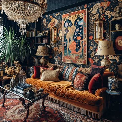 Interior Design Maximalist Living Room, Whimsical Interior Design Living Room, Abigail Ahern Living Room, Maximalist Tv Room, Moody Living Room Lighting, Light Maximalism, Maximalist Photography, Maximalist Lamp, Cluttered Interior