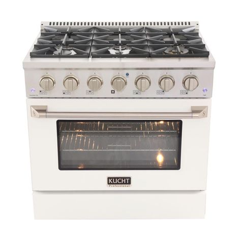 Kucht Pro-Style 36 in. 5.2 cu. ft. Natural Gas Range with Sealed Burners and Convection Oven in White Oven Door-KNG361-W - The Home Depot Panel Ready Refrigerator, Bar Nook, White Oven, White Knobs, Microwave Drawer, Convection Cooking, Stainless Steel Range, Steel Tub, Dual Fuel Ranges