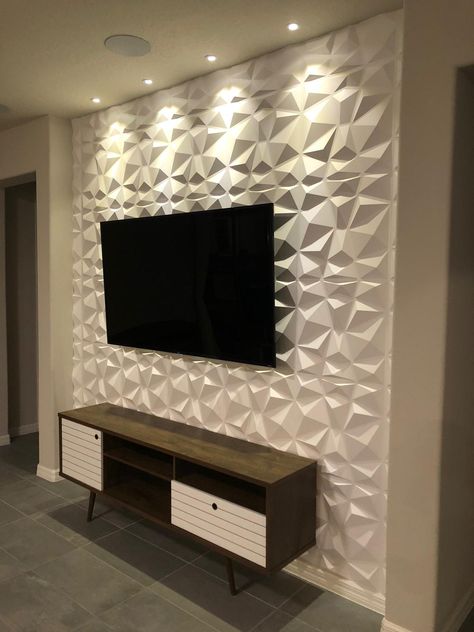 Tv Unit Wall Tiles Design, Tv Wall 3d Panel, Tv Wall Texture Design, 3d Wall Panels Living Room, Gypsum Tv Wall Ideas, Tv Wall Design Gypsum Board, Tv Wall Design Bedroom, Wallpanel 3d Living Room, 3d Textured Wall Panels