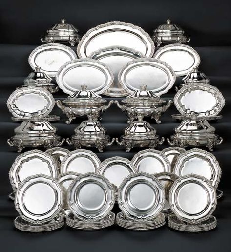 A Victorian silver dinner-service | MAKER'S MARK OF JOHN SAMUEL HUNT, LONDON 1842 | Christie's Silver Plates, Crockery Design, Silver Service, Fine China Dinnerware, Fine Dinnerware, Silver Centerpiece, Luxury Tableware, Sterling Silver Flatware, Large Image