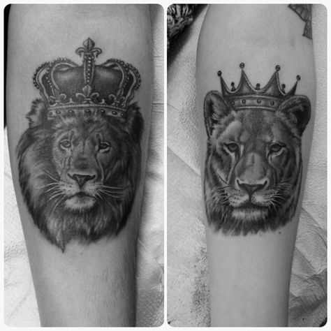 King And Queen loin tattoo designs Lion Queen Tattoo For Women, Lion Queen Tattoo, Queen Tattoo For Women, His And Hers Tattoos, King Queen Tattoo, Lion Queen, Him And Her Tattoos, Partner Tattoos, Lioness Tattoo