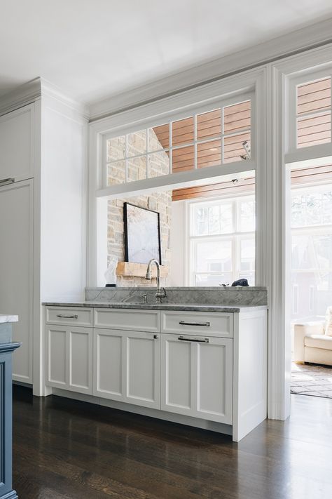 Kitchen Window Looking Into Sunroom, Interior Wall Of Windows, Internal Window Kitchen, Kitchen Into Sunroom, Sunroom Next To Kitchen, Pass Through Window Kitchen To Sunroom, Stove In Between Two Windows, Interior Window Kitchen, Kitchen Window Into Sunroom