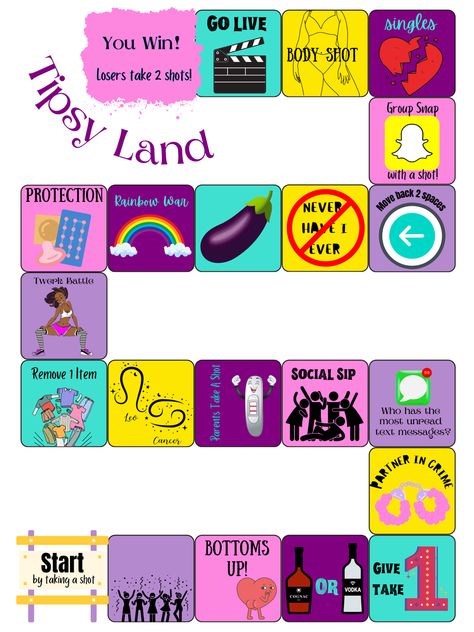 Customizable Drinking Game Board, Girls Night Edition. Small Size For A Small Group Of Friends! Tipsy Land, Small Group Of Friends, Game Diy, Night Games, Dirty Girl, Drinking Game, Body Shots, Take A Shot, Diy Games