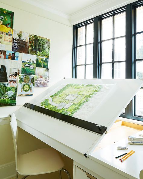 built in drafting table Architecture Desk, Home Art Studios, Artist Workspace, Architects Desk, Bibliotheque Design, Cool Office Space, Drawing Desk, Art Studio Space, Best Home Design