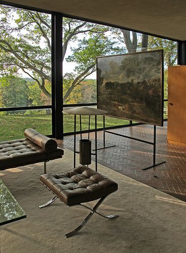 Philip Johnson Residence Glass House interior Philip Johnson, architect 1949 Glass House Interior, Phillip Johnson Glass House, Philip Johnson Glass House, Architecture Degree, Library Seating, Johnson House, Farnsworth House, Philip Johnson, Container Architecture