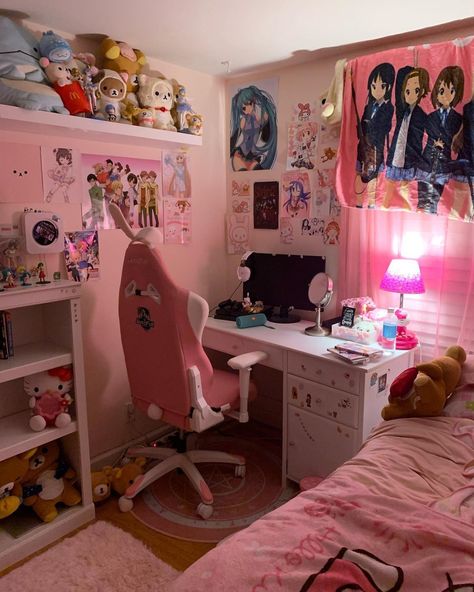 (〃´𓎟`〃)’s Instagram profile post: “here’s my room from an angle you might not have seen before ^__^ - - - - - - - - - #gorecore #kawaii #kawaiiaesthetic #animeguro…” Anime Themed Room, Bunny Bedroom, Hello Kitty Room Decor, Gamer Bedroom, Otaku Room, Pink Room Decor, Desk Inspo, Room Deco, Cute Desk