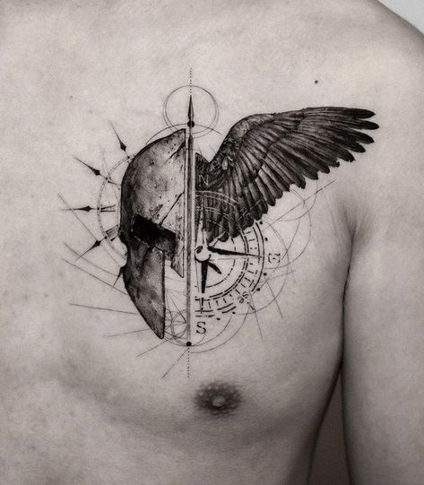 Chest And Arm Tattoo Men Ideas, Tattoo For Chest Men, Modern Tattoo Men, Tattoo For Chest, Warrior Tattoos For Men, Men Chest Tattoo, Spartan Helmet Tattoo, Shield Tattoo, Gladiator Tattoo