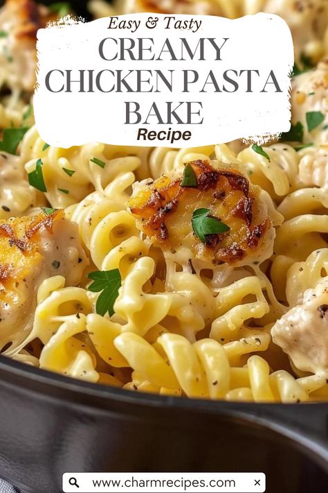 Step-by-Step Guide to Making Creamy Chicken Pasta Bake Recipe Chicken Suppers Ideas, Creamy Chicken With Pasta, Baked Creamy Chicken Mozzarella Pasta, Cheesy Chicken Bake Easy, Creamy Chicken Pasta Bake Recipes, Easy Dinner Ideas With Chicken Breast, Shredded Chicken With Pasta, Creamy Chicken Pot Pie Pasta Bake, Creamy Chicken Rigatoni