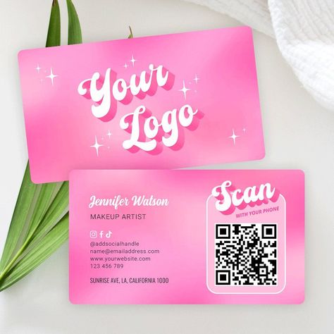 Modern Groovy Pink Logo Makeup Nails Salon QR Code Business Card | Zazzle minimalistlogo #graphicdesignbusiness #designer Cute Bussines Idea, Lash Business Color Schemes, Business Card Makeup Artist, Nail Business Cards Ideas, Nostalgic Fonts, Aesthetic Business Cards, Vertical Business Card Design, Studio Lash, Girly Business Cards