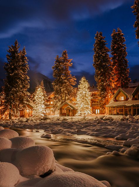 Christmas in Lake Louise Village in Alberta, Canada Lake Louise Banff, Canada Christmas, Banff Alberta, Christmas Scenery, Christmas Feeling, Winter Scenery, Lake Louise, Winter Pictures, Christmas Scenes