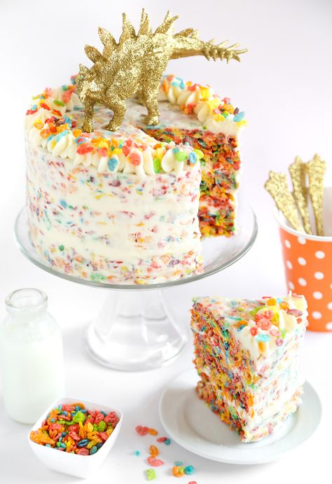 Fruity Pebbles Crispy Treat Cake Recipe Fruity Pebbles Treats, Fruity Pebbles Cereal, Waffle Cookies, Cereal Treats, Dessert Cake Recipes, Fruity Pebbles, S'mores, Crispy Treats, Pancakes And Waffles