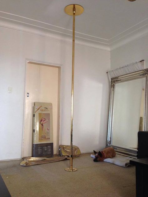 Strip Pole In Bedroom, Pole At Home Ideas, Aesthetic Pole Dancing Room, Pole Bedroom Ideas, Pole In Room Aesthetic, Dance Room At Home, Pole In Bedroom Aesthetic, At Home Pole Dance Room, Pole Dance Home Studio