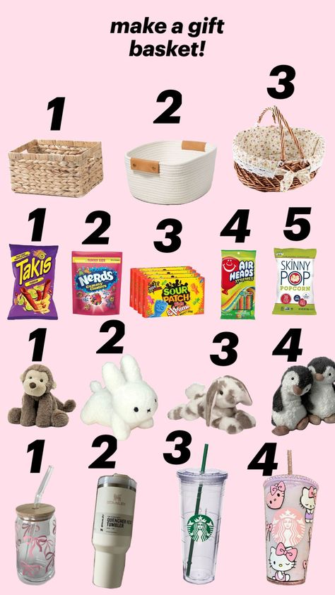 make a gift basket! comment below your combo. Bestie Basket Gift Ideas, How To Make A Gift Basket, Cheap Gift Ideas For Friends, Cute Basket Ideas, Diy Birthday Basket, Macy Aesthetic, Cheap Gift Basket Ideas, Small Gift Basket Ideas, Sleepover Packing