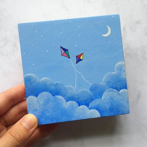 Mini Acrylic Paintings Easy, Mini Paintings Aesthetic, Easy Asthetic Paintings, Mini Lienzos Ideas, Simple Mini Canvas Paintings, Mini Canvas Art Easy Cute, Acrylic Sky Painting, Tiny Canvas Art, Asthetic Paintings