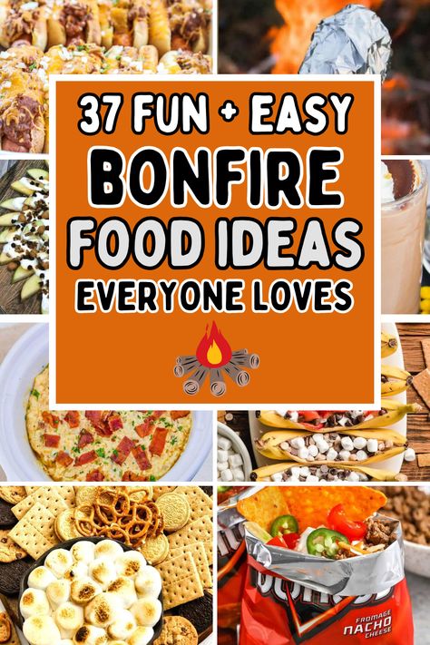 Fun bonfire food ideas and campfire snacks! Hosting a memorable bonfire party is so easy when you add these amazing appetizers, snacks, and desserts to your bonfire menu. Bonfire Smores Ideas, Food For Bonfire Party, Snacks For A Bonfire Party, Bonfire Snacks Appetizers, Food Ideas For Cabin Weekend, Campfire Appetizers Fire Pits, Fire Pit Food Ideas On A Stick, Bonfire Snacks Ideas, Campfire Snacks For Kids