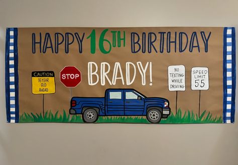 www.Poshgiftandparty.com #handpaintedbanner #paintedbanner #birthdaybanner #16thbirthday #dinoparty #dinosaurbirthday Painted Banner, Boy 16th Birthday, Paint Font, Birthday Painting, Its A Boy Banner, Happy 16th Birthday, Sixteenth Birthday, New Driver, Paper Banners