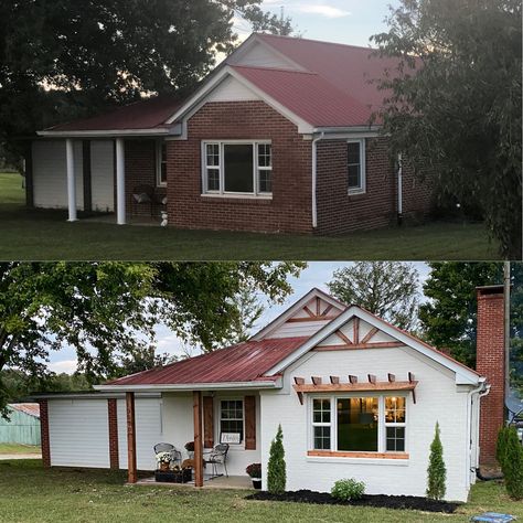 Painted Brick, Sherwin Williams Snowbound, wood accents, porch posts, gables, red roof, wood shutters, painted white brick house Red Roof House Colors, Painted White Brick House, White Brick House, Sherwin Williams Snowbound, 1980s House, Red Roof House, Brick Farmhouse, Red Shutters, Painted Brick House