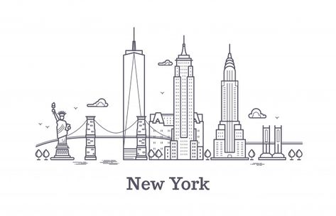 Horizonte de contorno de la ciudad de nueva york, silueta de línea de nueva york, turismo de estados unidos y concepto de vector de viaje | Descargar Vectores Premium City Drawings, Nyc Illustration, Nyc Drawing, City Outline, Skyline Tattoo, Skyline Drawing, Travel Vector, Brain Storming, New York Tattoo