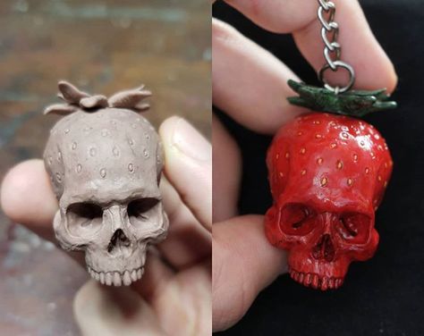 Air Dry Clay Skull Tutorial, Skull Clay Sculpture Easy, Halloween Sculptures Polymer Clay, Polymer Clay Skull Tutorial, Creepy Clay Art Easy, Creepy Polymer Clay Ideas, Skull Strawberry, Creepy Clay Art, Clay Horror