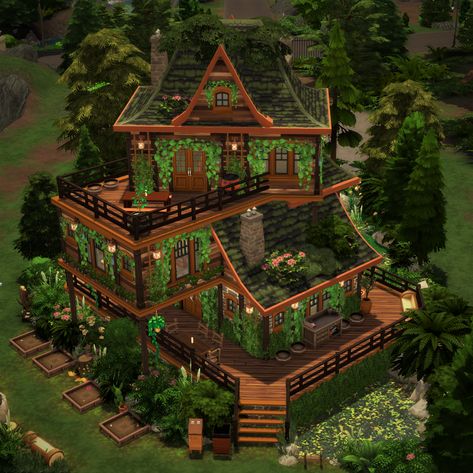 Witchy House Floor Plan, Sims Wizard House, Witchy Sims House, Witchy Cottage Sims 4, Witch House Layout, Sims 4 Witchy House, Realm Of Magic Sims 4 House, Sims Greenhouse, Sims 4 Old House