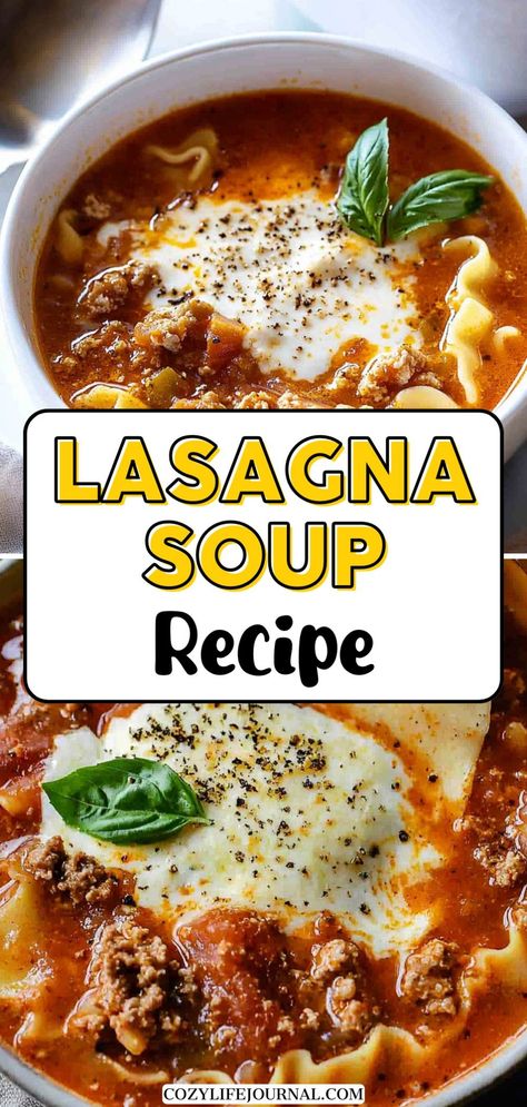 Two bowls of lasagna soup topped with melted cheese and fresh basil leaves. Lasagna Soup In Crockpot, Soup Sunday Ideas, Quick Sick Meals, Homemade Lasagna Soup, Recipe For Lasagna Soup, Lasagna Soup For One, Lasagna Stew Recipe, Lasagna Soup With Spinach, Lazania Soup Recipe