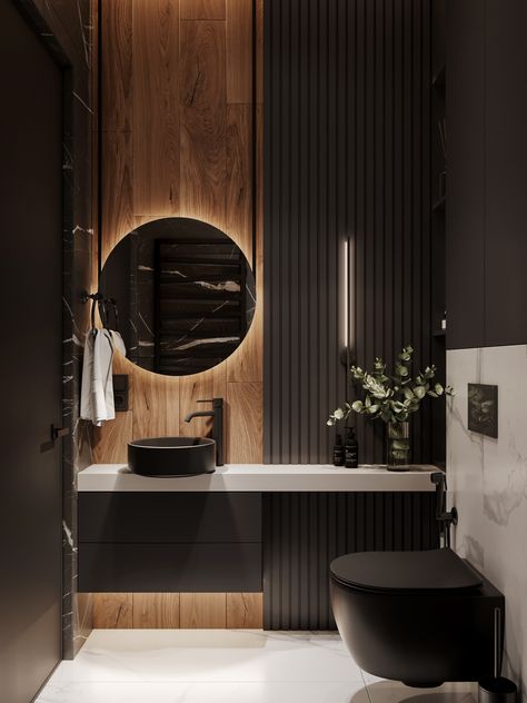 Modern bathroom :: Behance Dark Modern Bathroom, Wc Decoration, Dark Bathroom Ideas, Bathroom Design Black, Dark Bathrooms, Washroom Design, Black Bathroom, Apartment Interior Design, Modern Apartment