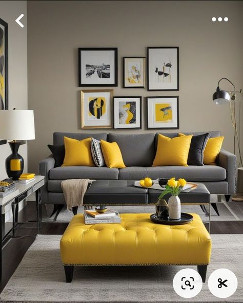 Living Room Inspiration Grey Sofa, Black And Yellow Living Room Ideas, Grey And Mustard Living Room, Grey Yellow Living Room, Yellow Living Room Ideas, Mustard Living Rooms, Cheerful Aesthetic, Yellow Ottoman, Grey And Yellow Living Room