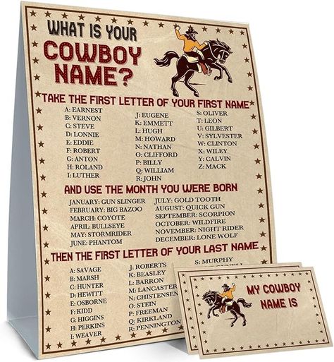 Amazon.com: What's Your Cowboy Name Game, 1 Game Sign and 30 Name Stickers, Birthday Games for Kids Party,Camping Birthday Party Activity, Fun for Adults & Kids Game : Home & Kitchen Games For Western Theme Party, Western Theme Party For Adults Games, Cowboy Party Activities, Cowboy Party Games For Adults, Western Party Games For Kids, Rodeo Games For Adults, Rodeo Party Activities, Cowboy Games For Kids, Cowboy Adult Birthday Party