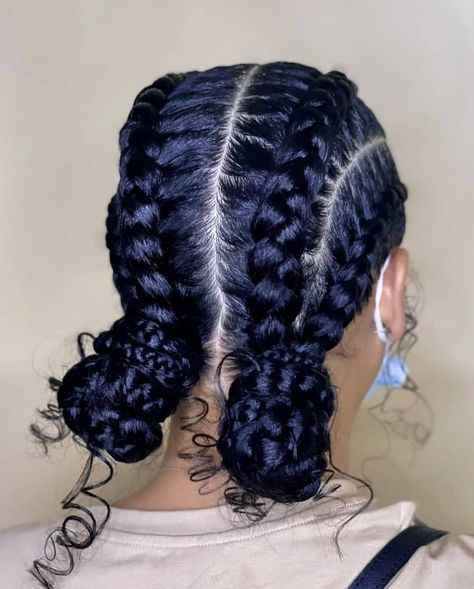 Two French Braids With Buns At End, 2 French Braids Into Buns, 3 Braid Hairstyles, 4 Stiches Braids, Easy Braided Hairstyles Black Women, Camping Hairstyles Black Women, Feed In Twists Hairstyles, Braid Bun Styles For Black Hair, Two Braids For Black Women